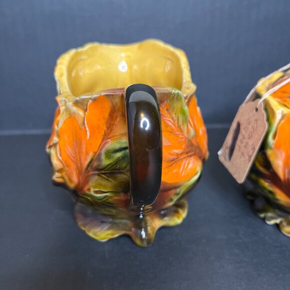 Vintage Cream and Sugar Set Orange Brown Ceramic Pottery Fall Leaves Decor Japan - Picture 5 of 9